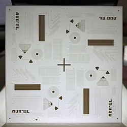 Printed ceramic test substrate with alignment marks and test patterns, marked Aurel